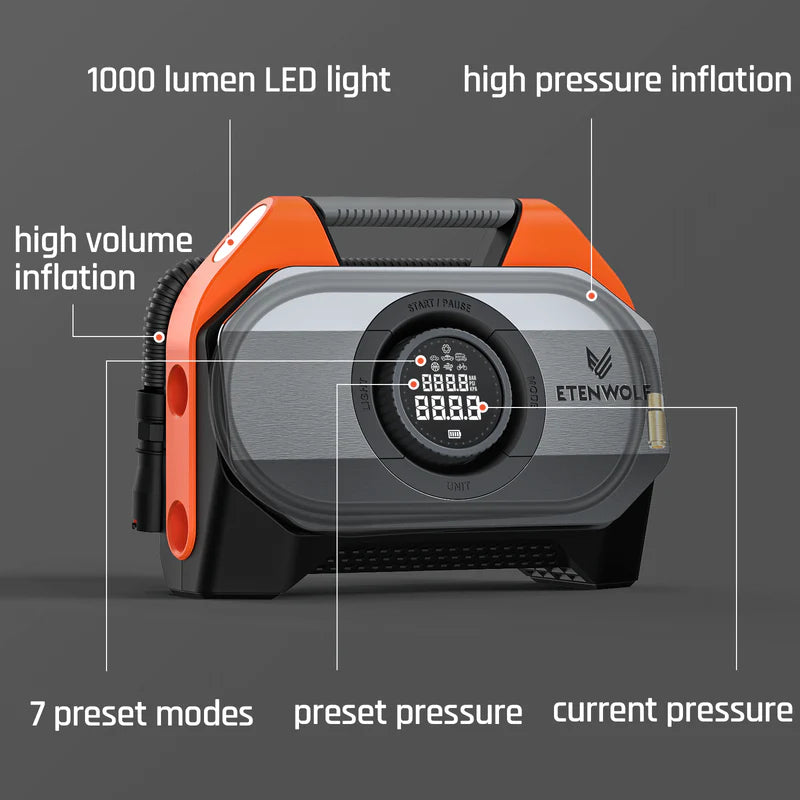 Compresor Inalámbrico Heavy-Duty y Powerbank Etenwolf Vortex S6 (19.200 mAh)